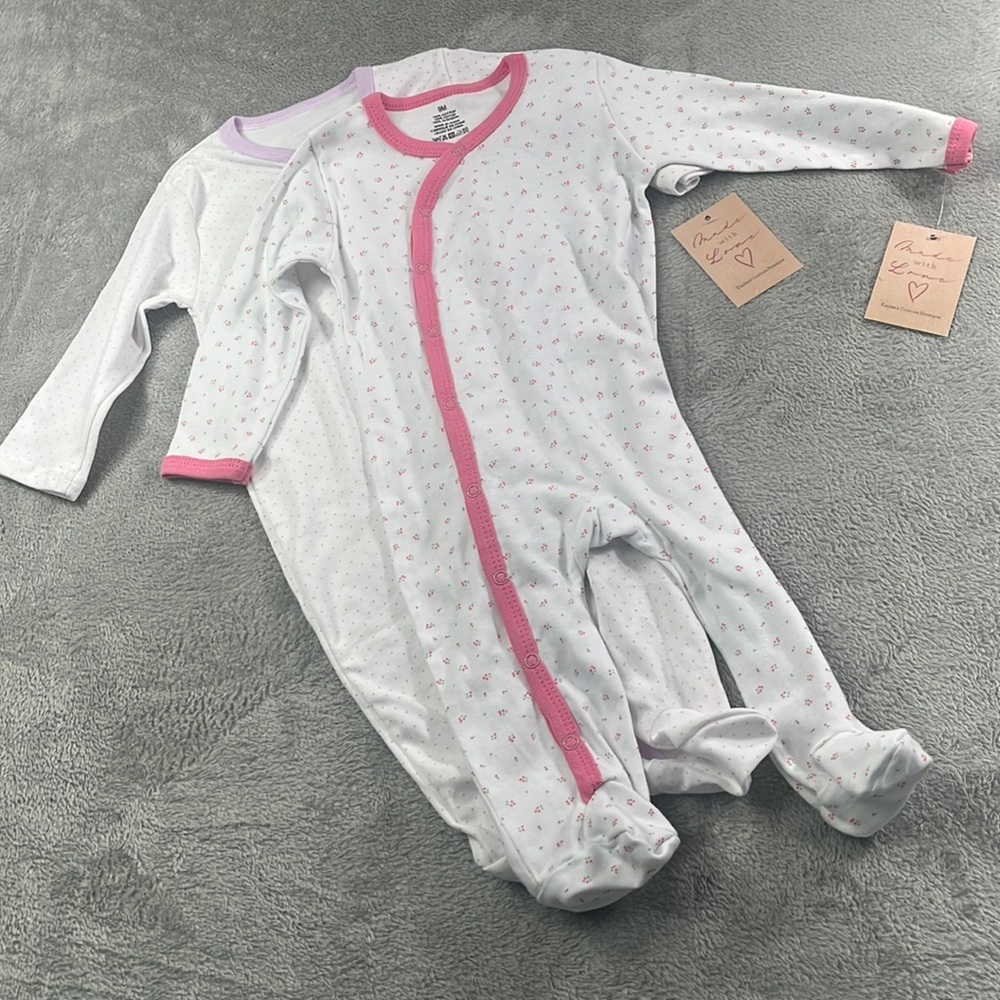 NEW 9 Mos Boutique 100% Cotton 2 Piece Bundle Lot Set Baby Girl Footed Pajamas